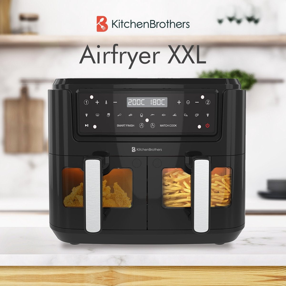 KitchenBrothers - Airfryer XXL - 9L - Heißluftfritteuse - 2 x 4.5L - 2400W - Schwarz