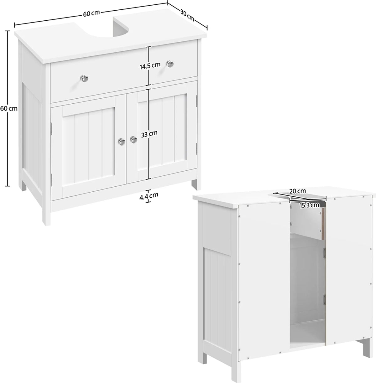 Badezimmerschrank mit Schublade und 2 Türen im Landhausstil, weiß, 60 × 30 × 60 cm