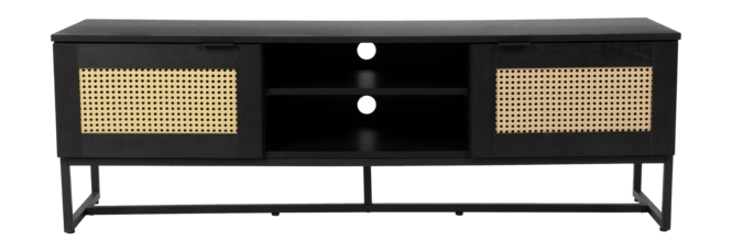 von fonQ TV-Möbel „Cube“ – 150 x 40 x 50 cm – Schwarzer Holzschrank mit Rattan-Geflecht-Details und Metallgestell – Bohemian-Stil