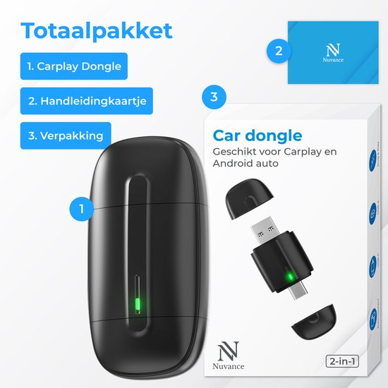Nuvance CarPlay-Dongle – Kompatibel mit Android Auto und CarPlay – 2-in-1 – Bluetooth-Dongle – CarPlay kabellos – USB und USB-C