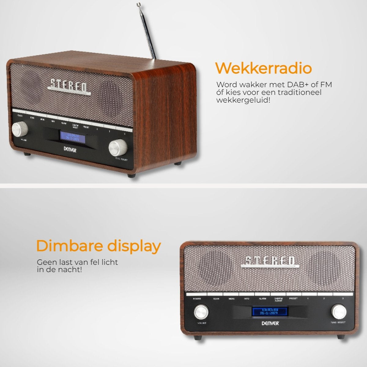 Denver DAB Radio - Retro - XL - DAB+/ FM Radio - Bluetooth - Dimmbar - 100W - Batterien & Netz - Holz