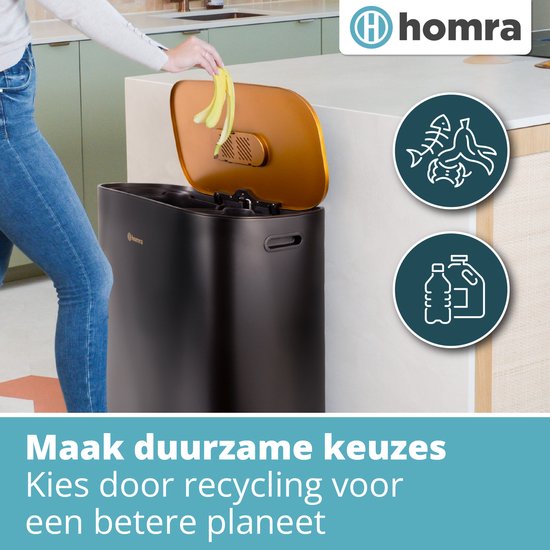 Homra Rockx Mülleimer 60 Liter – Duo-Treteimer 2×30 l mit Geruchsfilter – Edelstahl-Mülltrennbehälter mit 2 Fächern – Recycling-Mülleimer – Küchenmülleimer – Mülleimer zur Mülltrennung – Doppel-Mülleimer in Schwarz und Kupfer
