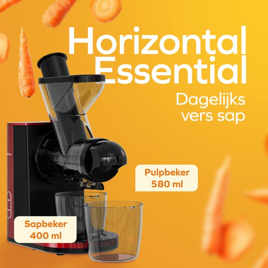 KitchenBrothers Slowjuicer - Entsafter - Gemüse- und Obstpresse - 43 mm und 60 mm Einfüllöffnung - 400 ml - Rot