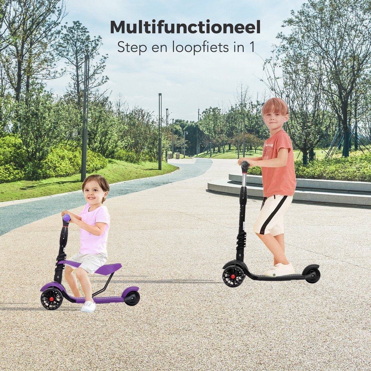 LifeGoods MultiRider Kinder-Roller - Stufe 3-8 Jahre - Verstellbarer Sitz - Leuchtende Räder - Jungen/Mädchen - Lila