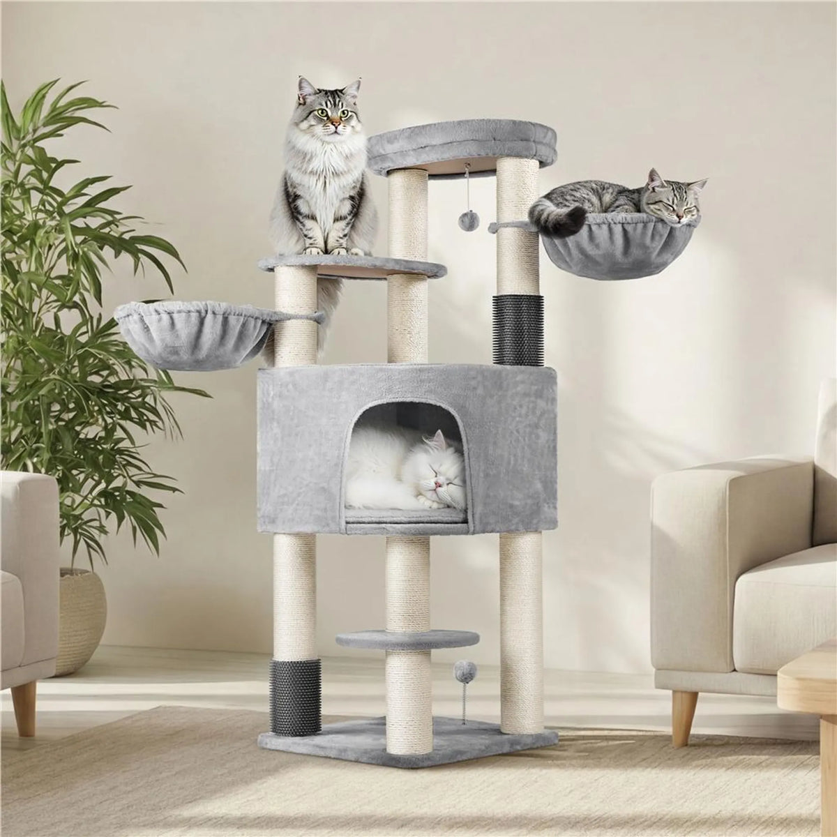 Yaheetech Kratzbaum 160 cm H – ⌀11 cm Sisalstämme, Plattformen & Katzenhöhlen – Hellgrau & Beige