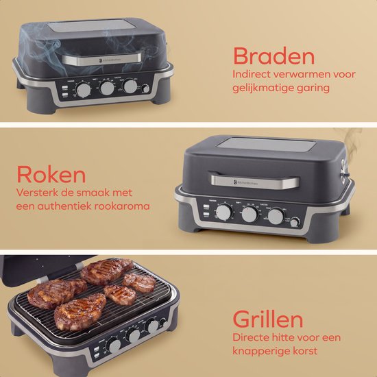KitchenBrothers Elektro-Grill und Smoker – Tischmodell für den Balkon – 90 °C bis 250 °C – 2600 W – Tischgrill – Mit Sichtfenster
