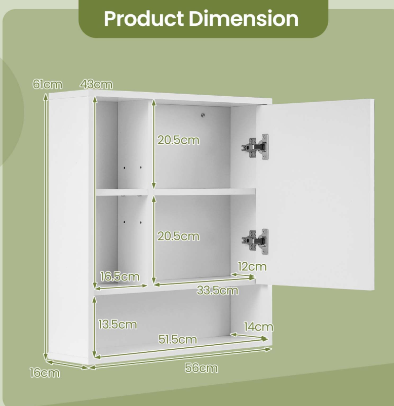 Coast Wandschrank mit Spiegel und verstellbarem Einlegeboden – 56 x 16 x 61 cm