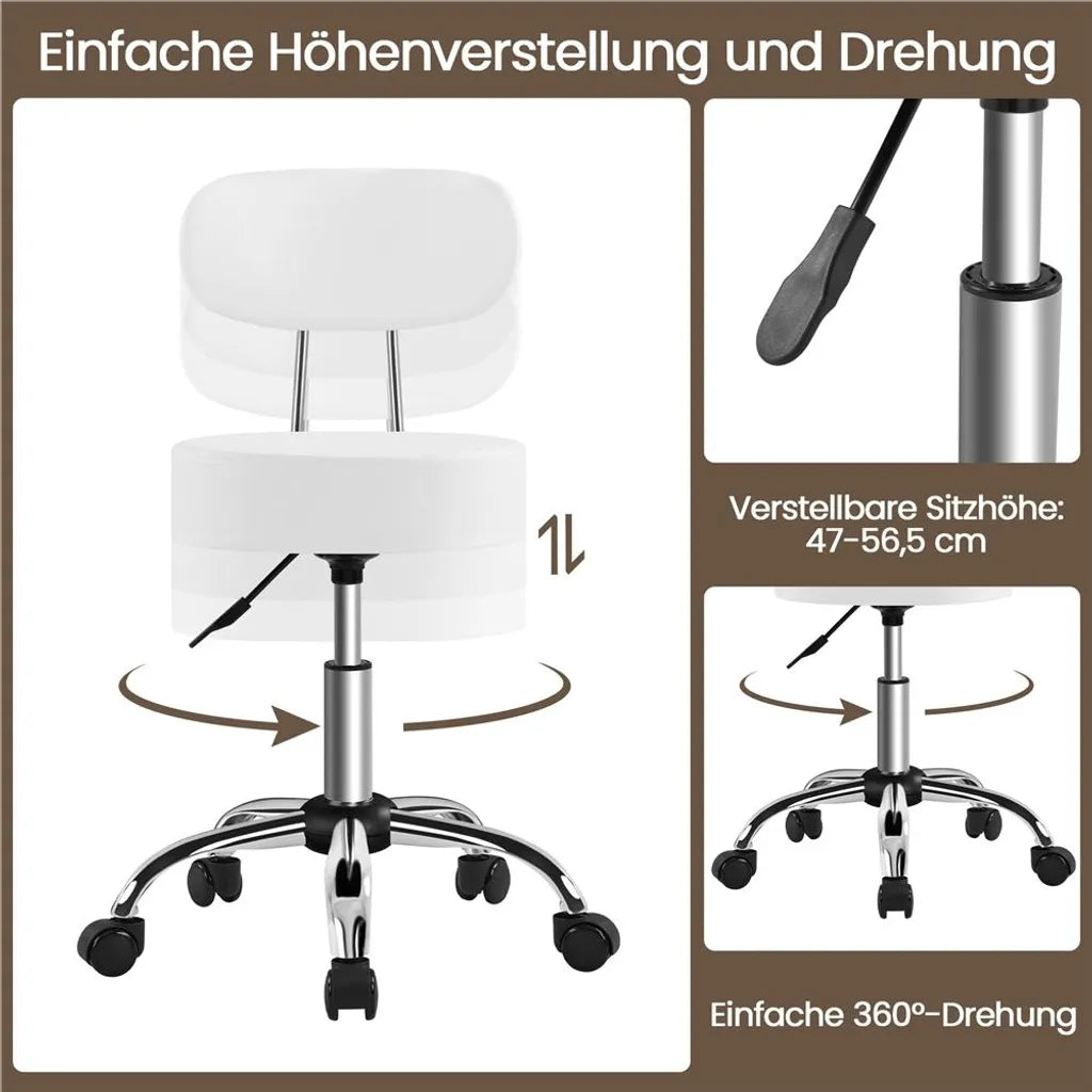Yaheetech Make-up-Hocker mit um 360° drehbarem Sitz und Rollen – Weiß – 52 x 44,5 x 75,5–85 cm