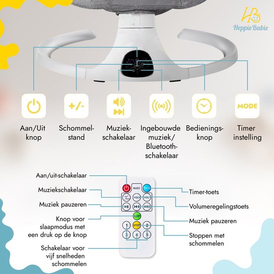 HeppieBabie Electric Rocker - Musik- und Schaukeloptionen - 5-Punkt-Gurt - Babyschaukel - Babyschaukel - Mit Ebook