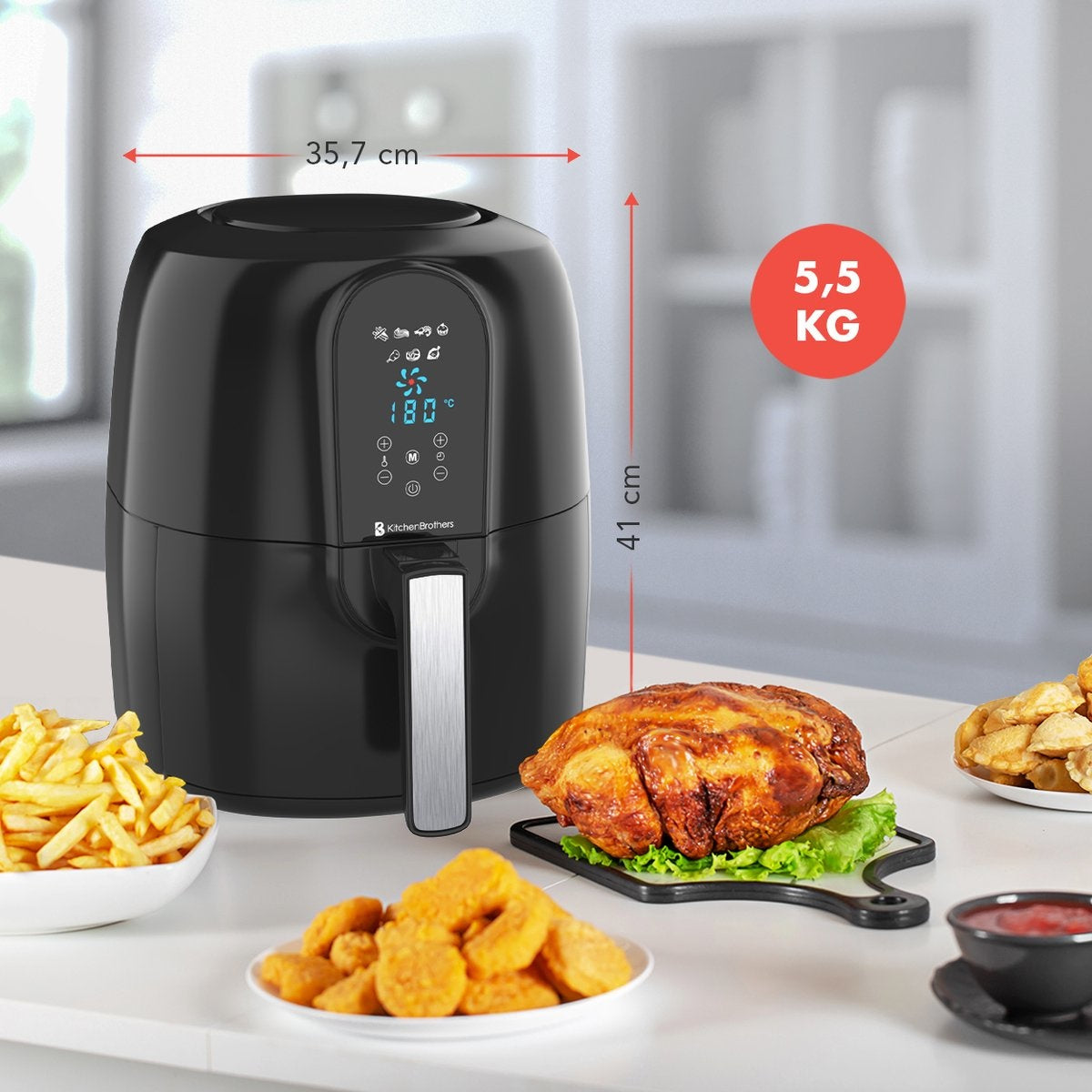 KitchenBrothers Airfryer XXL - Heißluftfritteuse XL - 1890W - 7.2L - Schwarz