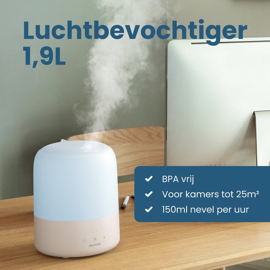 Auronic Luftbefeuchter - 1.9L - Geeignet für Schlafzimmer, Babyzimmer, Büro, Wohnzimmer und mehr - Luftbefeuchter - BPA-frei - Weiß