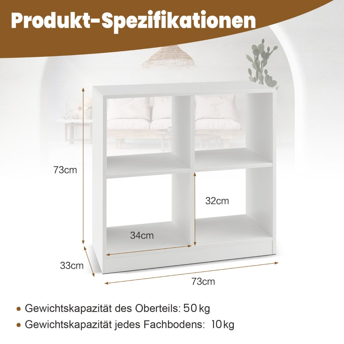 Coast Bücherregal aus Holz mit 4 Fächern Cube Plank & Kippschutz 73 x 33 x 73 cm weiß