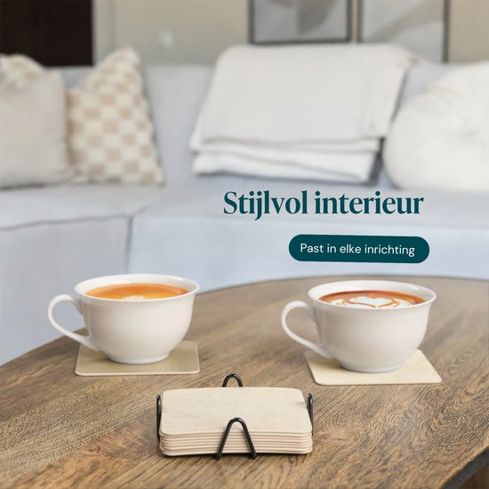 Castagnola Untersetzer aus Kunstleder – Untersetzer für Gläser – Design-Untersetzer mit Halter – Untersetzer-Set aus Kunstleder mit Metallhalter – Leder – 10er-Set – Offwhite – 10 x 10 cm