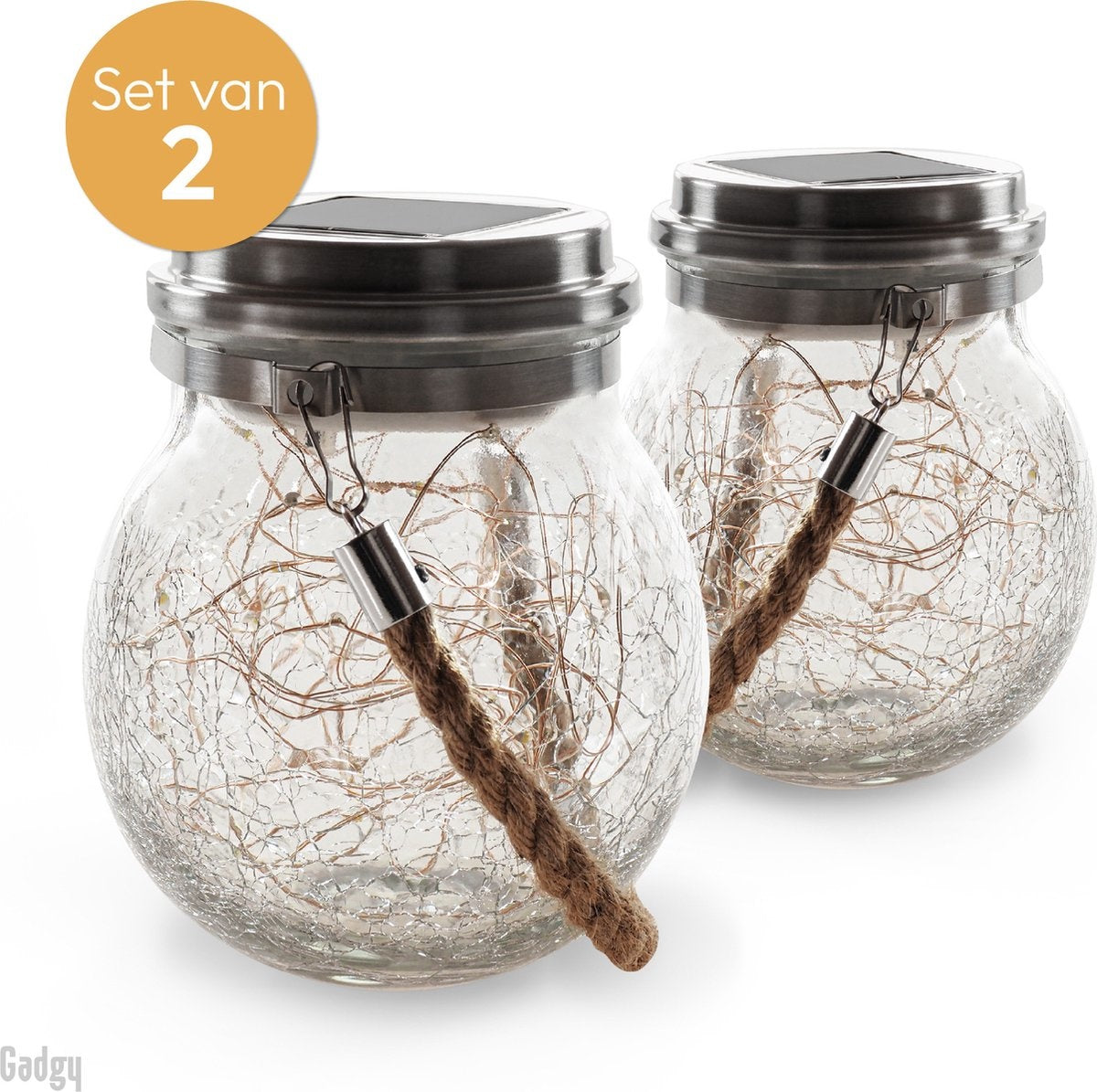 Gadgy Solar Laterne CraquelÃ© Glas mit 20 Lichterketten - 2er Set - Solar-Gartenleuchte - LED-Außenleuchte mit Tag/Nacht-Sensor - Tischleuchte / Hängelampe / Gartenlaterne - 13,5 x Ã˜12 cm