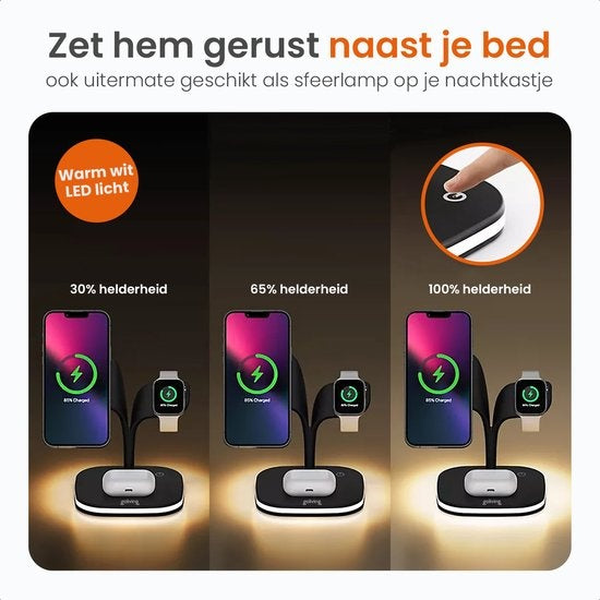 Goliving 5-in-1 kabellose Qi-Ladestation - Magsafe kabelloses Ladegerät - Geeignet für iPhone, Apple Watch & Airpods - Inklusive dimmbarem Nachtlicht und USB-Ausgang - 15W Schnellladegerät - Schwarz