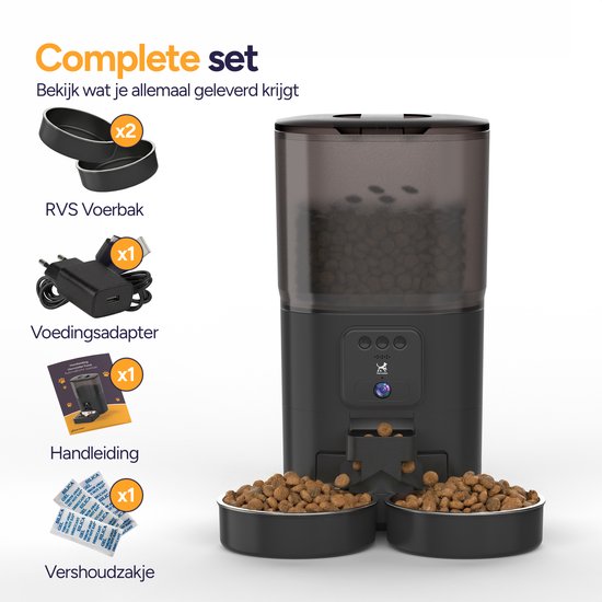 Viervoeter Feed Pro Dual – Automatischer Futterspender 7 l – HD-Kamera & Audio – Für Katzen und Hunde – Futterspender mit App – Schwarz