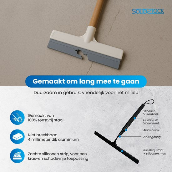 SolidStock Luxus-Bodenwischer aus Edelstahl – Bodenwischer mit Stiel – Längenverstellbar von 38,5 bis 129 cm – Wischer für Dusche und Badezimmerboden – Ausziehbarer Duschwischer – Schwarz