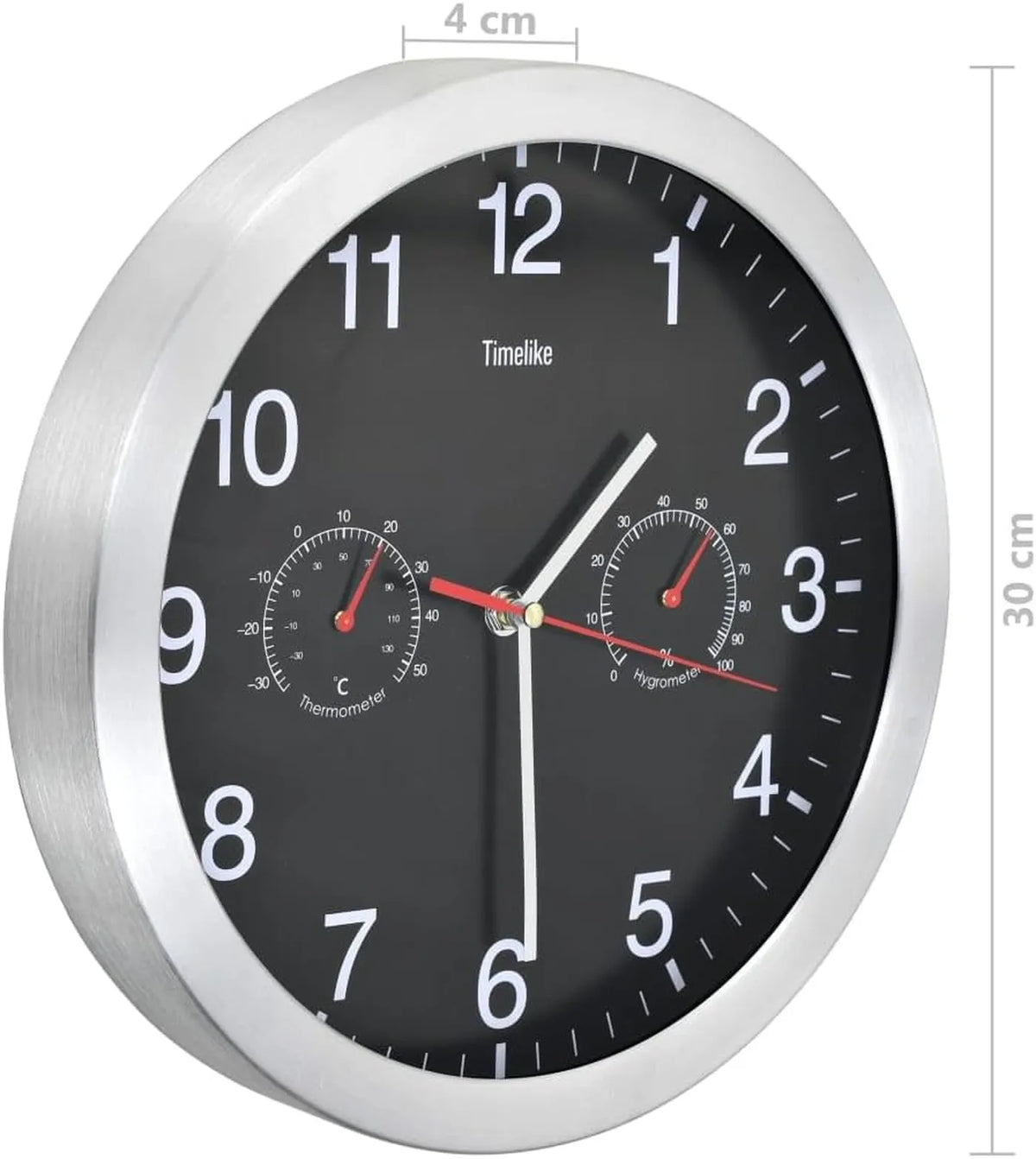 VidaXL Wanduhr Ø 30 cm mit Thermometer und Hygrometer – Präzises Quarzwerk – Aluminium, schwarz