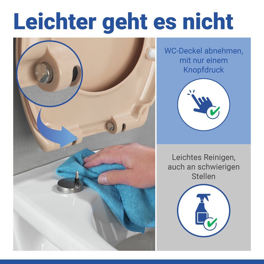 WENKO Ottana Toilettensitz Beige – Duroplast – Easy-Close – Fix-Clip