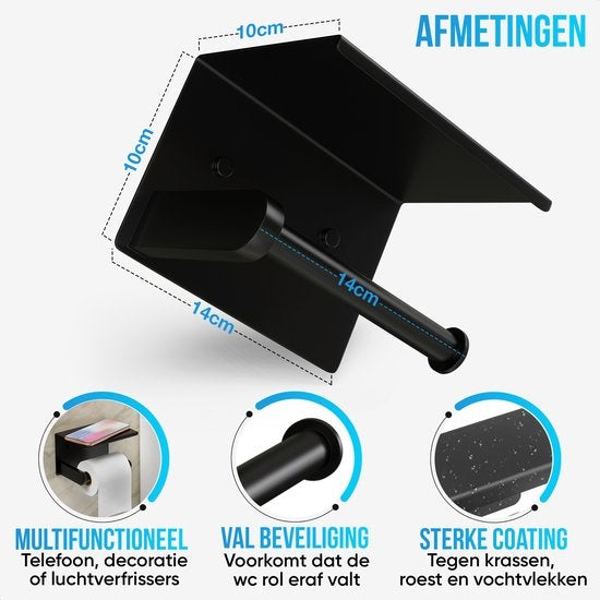 Strex Toilettenpapierhalter mit Ablage - Schwarz - Selbstklebend / Bohren / Kein Bohren - Toilettenpapierhalter - Toilettenpapierhalter