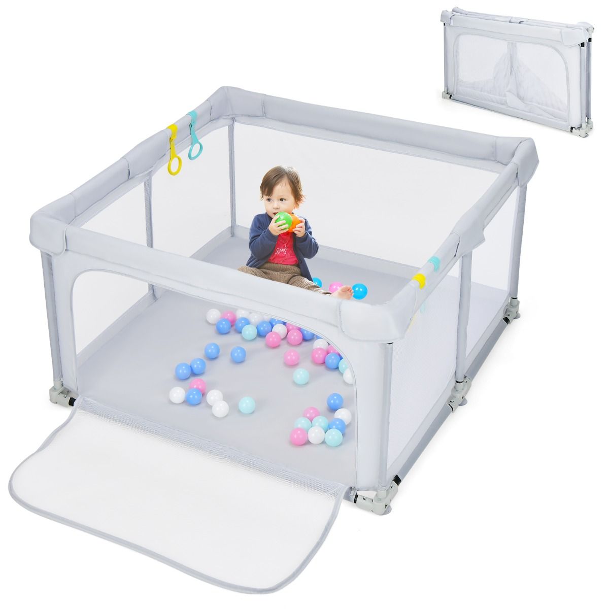 Coast Faltbare Babybox 124x124x70 cm Grau mit 50 Ozeanbällen und 4 Griffen - Oxford-Gewebe, atmungsaktives Mesh