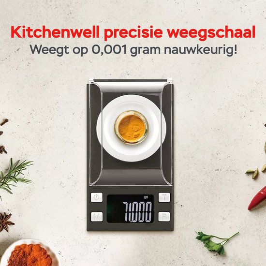 Kitchenwell digitale Mini-Präzisionsküchenwaage - 0,001 bis 100 Gramm - 11,0 x 6,3 cm - batteriebetriebene Taschenwaage - Küchenwaage