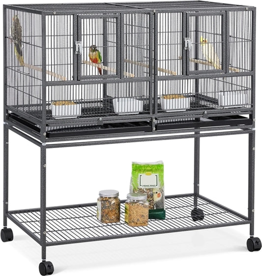 Yaheetech Vogelkäfig mit Trennwand - mit abnehmbarem Ständer und vier Sitzstangen und Aufbewahrung - für Kanarienvögel und Sittiche - schwarz lackiertes Metall und Holz - 95,5 x 45,5 x 105 cm
