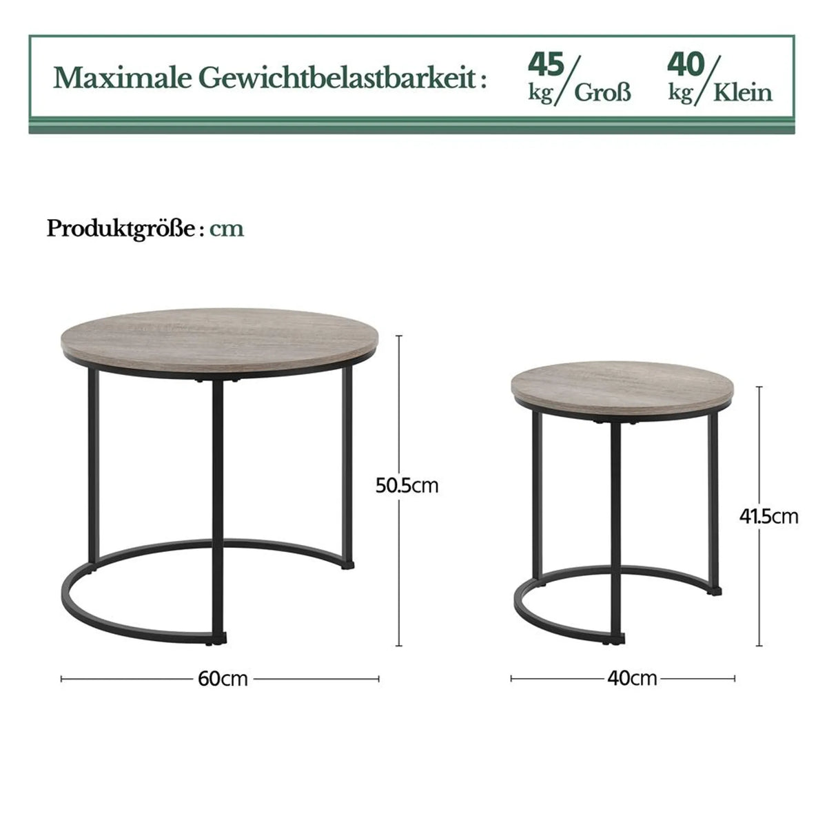 Yaheetech Beistelltisch-Set, 2er-Set, rund – mit ineinander verschiebbarem Design, wasserabweisender Tischplatte und Metallgestell – für Wohn- und Schlafzimmer – graues MDF – 60 x 60 x 50,5 cm