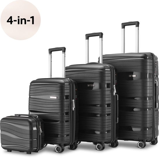 SKYCASES Travelin' Charm 4-teiliges Trolley Set - Handgepäck & Check-in Koffer - 32L/60L/98L - Zahlenschloss - 360° geräuschlose Räder - Leicht & Stabil - Modernes Design - Schwarz V2