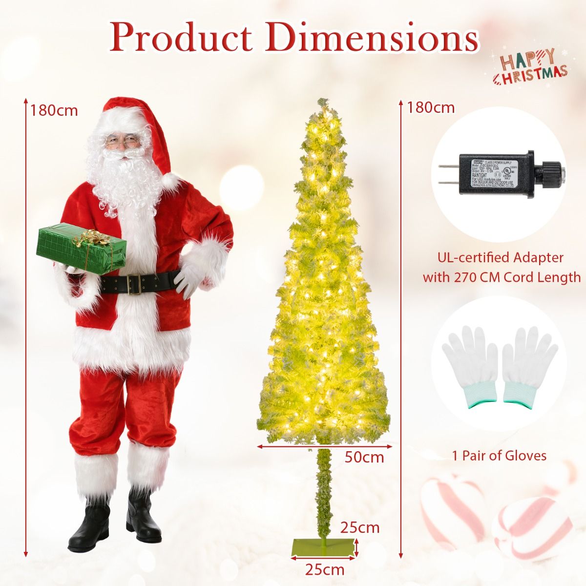 Coast Künstlicher Weihnachtsbaum mit Lichtern und Schnee - 50 x 180 cm - Mit biegbarer Spitze und 120 warmweißen LED-Lichtern und 8 Lichtmodi - Für Weihnachten und Winterthema - Grüner Schnee PVC und Metall