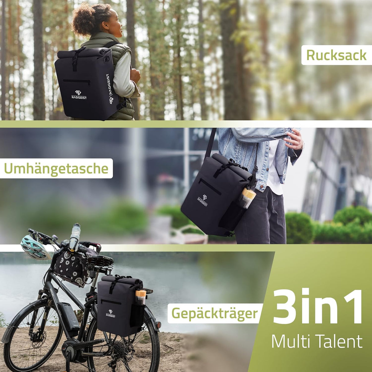 Radgeist 3-in-1-Fahrradtasche für den Gepäckträger – 25 Liter – Wasserdicht – Mit Laptopfach – Schwarz.