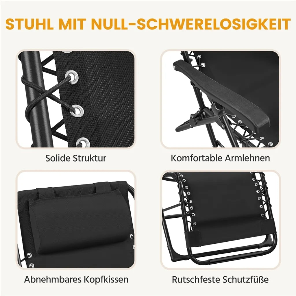 Yaheetech 2er-Set Zero-Gravity-Liegestühle – Schwarz – Zusammenklappbare Liegestühle mit Kopfkissen und Getränkehalter
