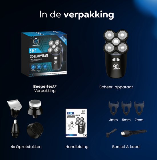 Beeperfect® 5-in-1 Rasierer Männer - Trimmer - Schnurlose Nass- und Trockenrasur - Elektrischer Rasierer - Bartschneider - 5 Aufsätze