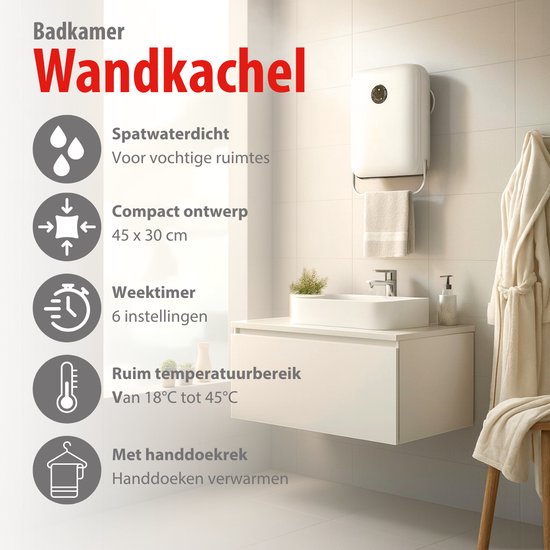 alpina Badezimmerheizung, elektrisch, 750/2000 W – Elektroheizung mit 2 Heizstufen und 24-Stunden-Timer – Heizung IP22, spritzwassergeschützt – mit Fernbedienung – Wandmontage