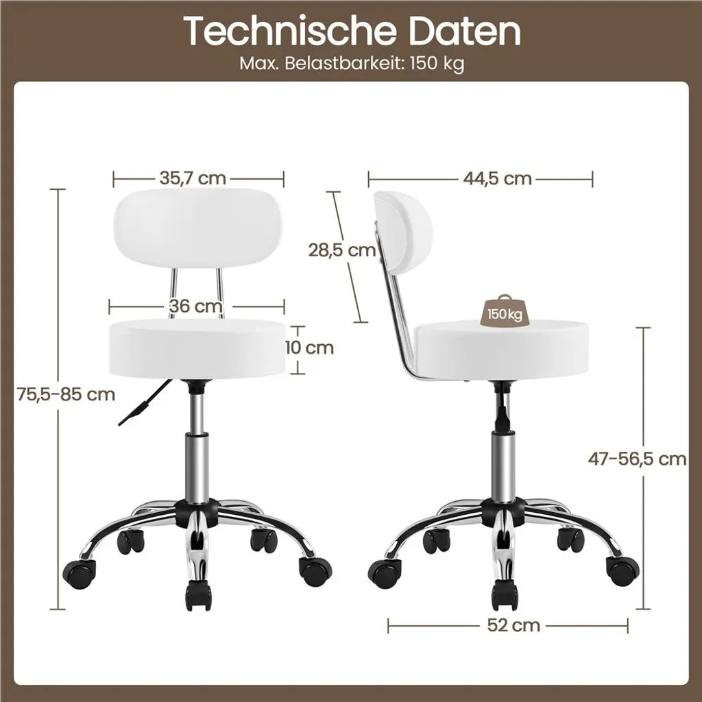 Yaheetech Make-up-Hocker mit um 360° drehbarem Sitz und Rollen – Weiß – 52 x 44,5 x 75,5–85 cm