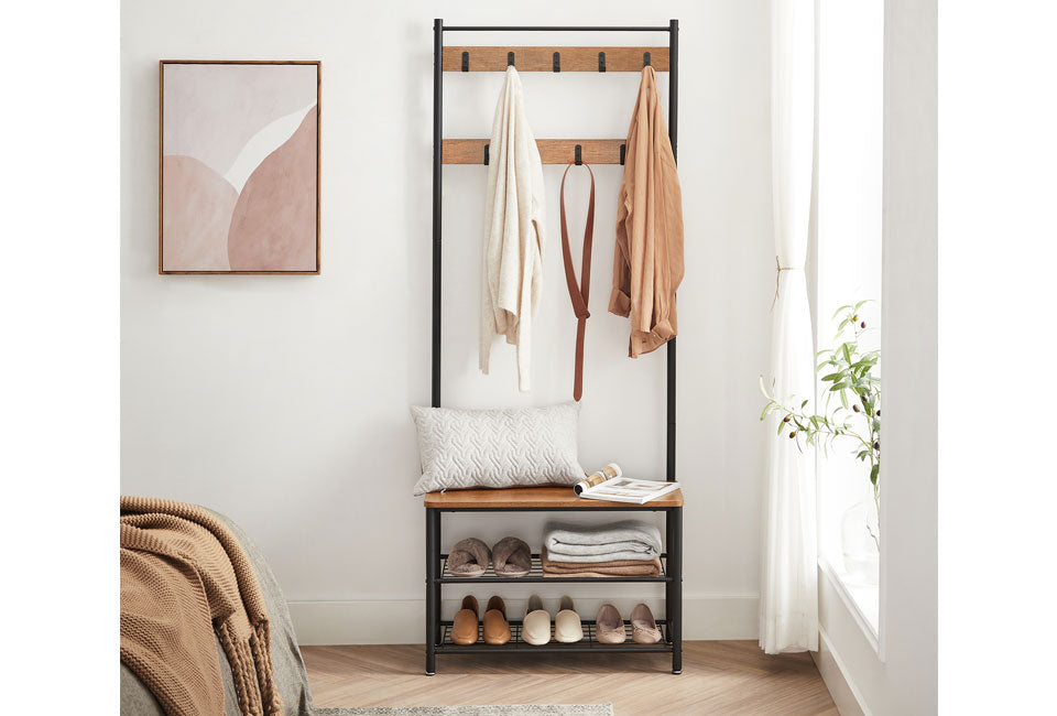 Home&Comfort Multifunktionale Garderobe, Schuhregal und Bank in 1 - 70x32x177 cm - Holzoptik & Schwarz