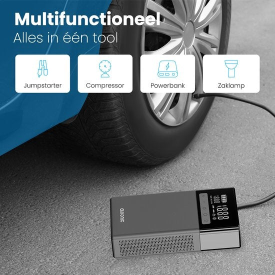 Auronic Jumpstarter - mit Kompressor - 12V - 1500A - 16.000 mAh - 6-in-1 Starthilfe - Inkl. Aufbewahrungstasche & Zubehör - Schwarz/Grau