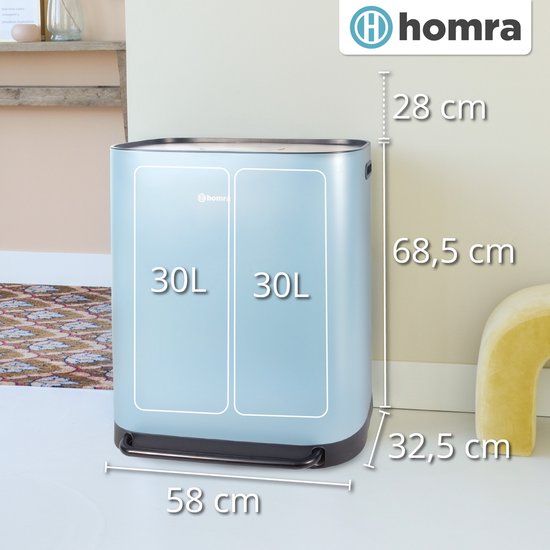 Homra Rockx Mülleimer 60 Liter - Duo-Treteimer 2×30 l mit Geruchsfilter – Edelstahl-Mülltrennbehälter mit 2 Fächern – Recycling-Mülleimer – Küchenmülleimer – Mülleimer zur Mülltrennung – Doppel-Mülleimer, blau