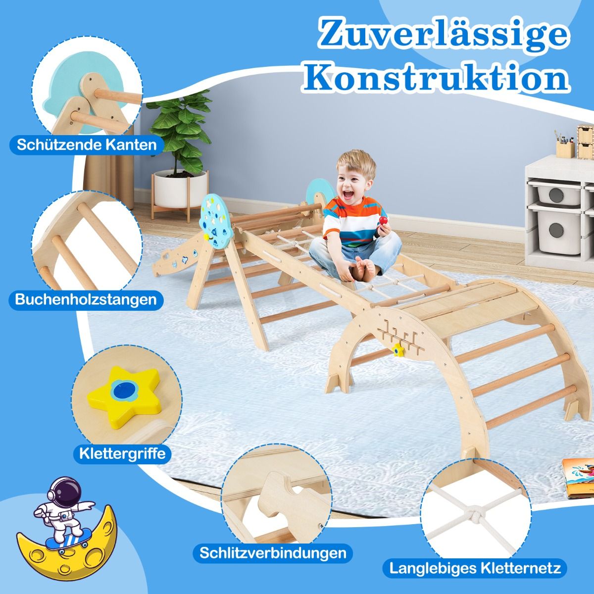 Coast Montessori Klettergerüst – 9-in-1-Spielgerät – zusammenklappbar – Naturfarben