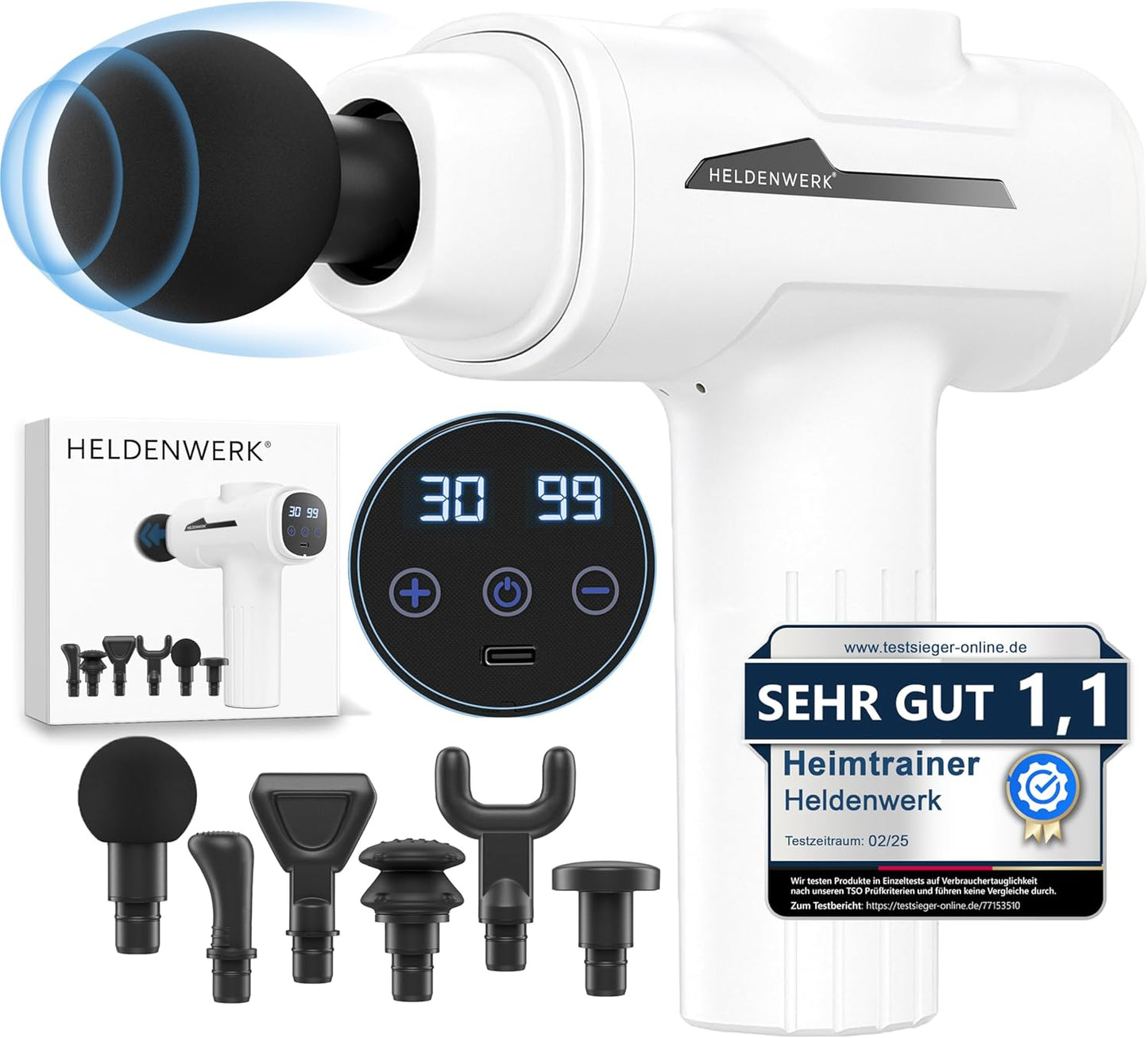HELDENWERK Aktiv-Massagepistole - 30 Geschwindigkeiten - 6 Massageköpfe - flüsterleise - USB-C wiederaufladbar - LCD-Touchscreen - inklusive Aufbewahrungskoffer - weiß
