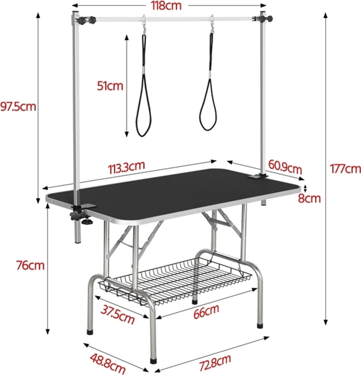 Yaheetech Trimm-Tisch mit doppelten Trimm-Arme - Ausgestattet mit Anti-Rutsch-Tischplatte und klappbaren Rahmen und Mesh-Oberfläche Korb - für große Hunde und Katzen - Schwarz Metall Kunstleder und Mdf - 118 x 60,9 x 177 cm