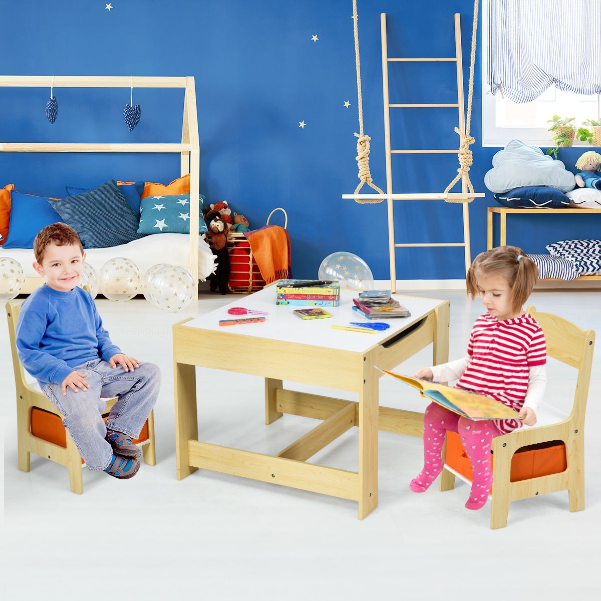 Coast Kindertisch- und Stuhlset – mit Stauraum – beidseitig nutzbare Tischplatte – gelb