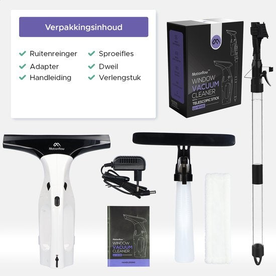 Motionflow Vacuum Fensterwischer mit Verlängerung 61cm - Elektrischer Fensterreiniger mit Soaker - Wiederaufladbar