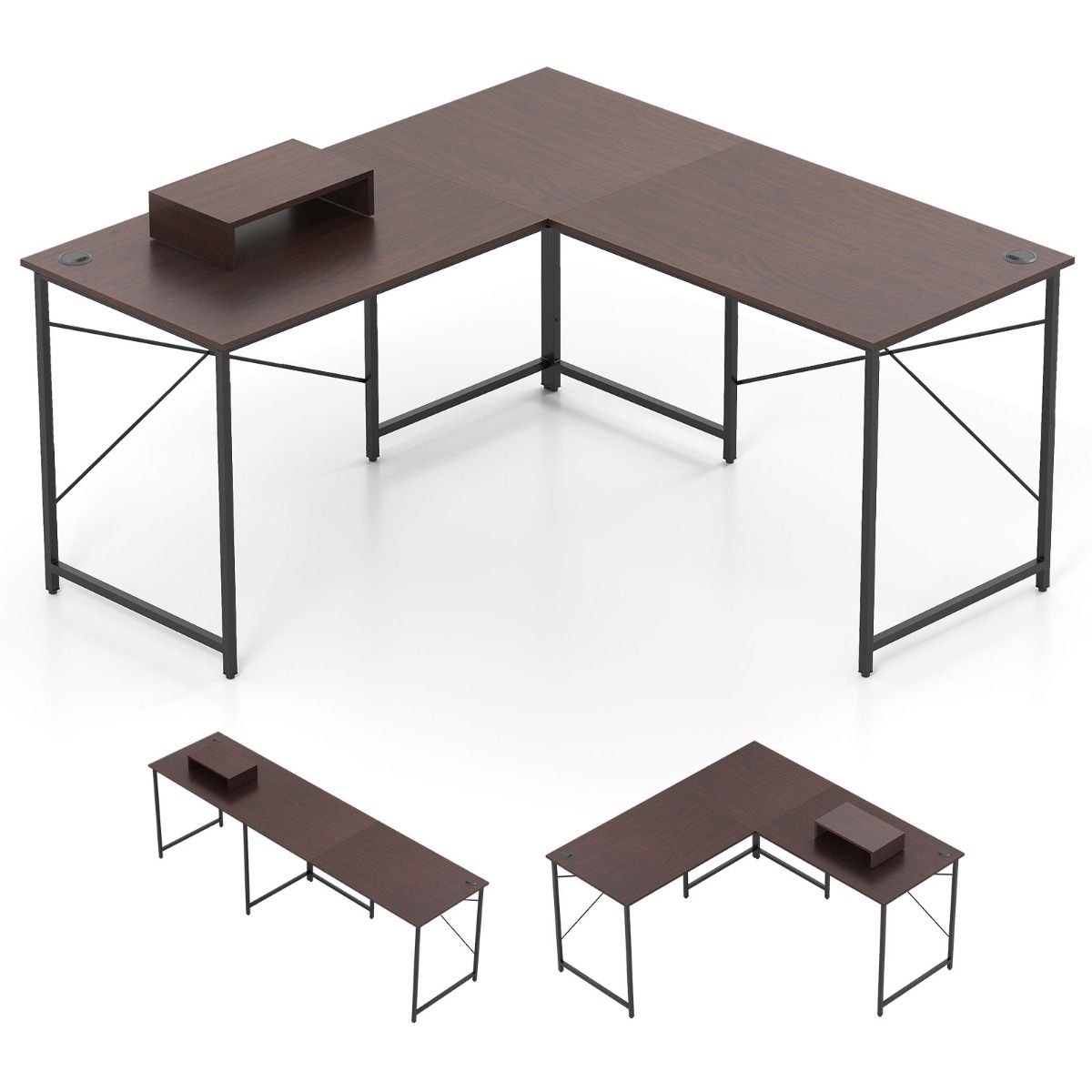 Coast Eckbüro L-förmig, beidseitig nutzbar – integrierte Steckdose – verstellbarer CPU-Halter – dunkelbraun