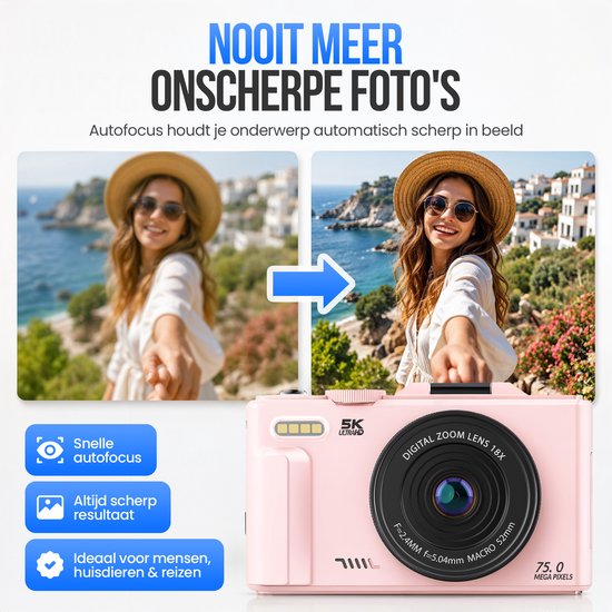 Strex Digitalkamera 5K 75 MP – Fotokamera – Kompaktkamera mit WLAN – Vlog-Kamera – Fotokamera für Kinder – 18-facher Zoom – schwenkbares Display – Rosa