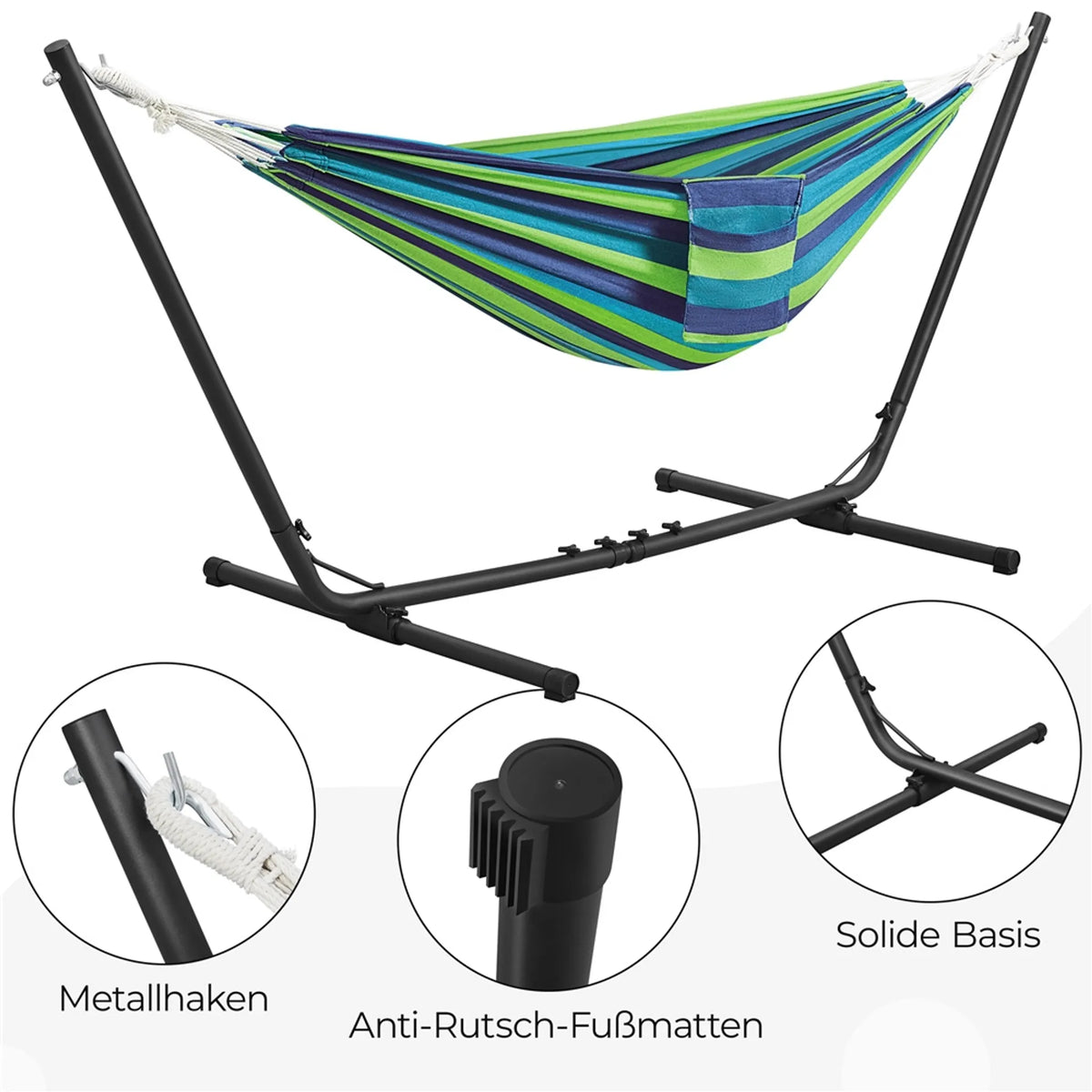 Yaheetech Hängematte mit Ständer – blau-grün gestreift – 2–3 Personen, bis zu 205 kg