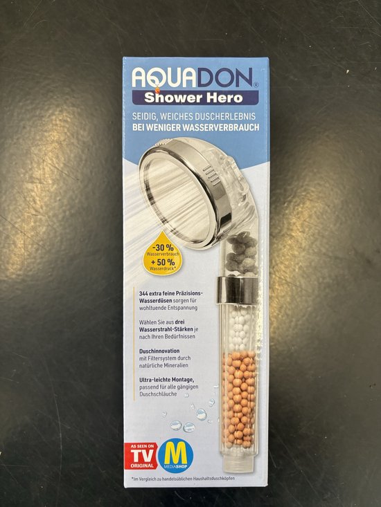 Aquadon Shower Hero – Wassersparender Duschkopf mit natürlichen Mineralperlen – drei Strahlstärken – für alle gängigen Duschschläuche – 3 Strahlarten – erhöht den Wasserdruck – spart Wasser