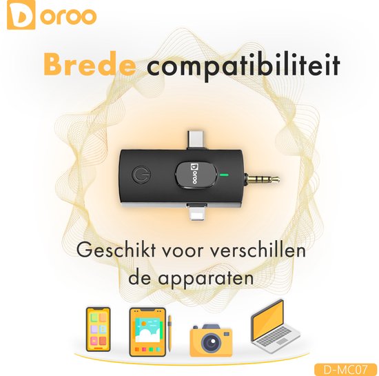 Doroo® Professionelles drahtloses Mikrofon – 2 Stück – Lavalier-Mikrofon – Windschutz – Extra lange Akkulaufzeit – Krawattenklammer – Professionelle Audioqualität – USB-C/Lightning/AUX-Funkmikrofon für iPhone und Android – Plug & Play – Zwei Jahre Garanti