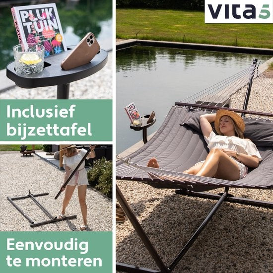 Vita5 Hängematte mit Ständer und Spreizstange - 2 Personen - inkl. Getränkehalter - abnehmbares Kissen - UV-beständig - Dunkelgrau