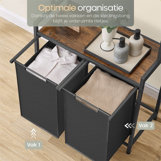 O'DADDY® Wäschekorb 2 Fächer mit Kleiderstange - 92 Liter - Ausziehbarer Wäschesortierer - Wäschekorb - Wäscheständer - Wäschebox - Doppelter Wäschekorb - Schwarz/Braun